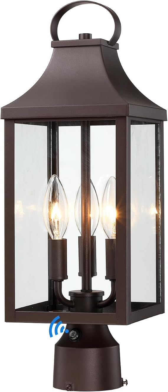 18.62'' Dusk to Dawn Post Light Outdoor, Large 3-Light Lamp Post Light Fixture, Modern Pillar Outside Lighting Waterproof Post Lantern Lamp Outdoor Post Light Fixtures Pole Lights for Porch, Brown