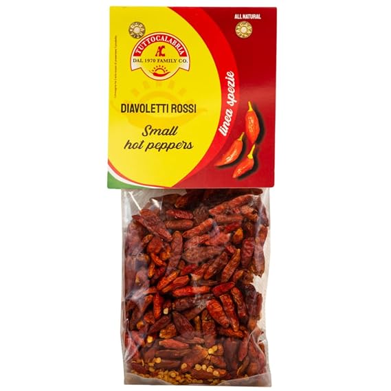 TUTTOCALABRIA Diavoletti Rossi Chili Peppers, Dried Hot Peppers, 50 g | Small Dried Spicy Hot Chili Peppers "Red Devils" for Seafood and Salads, All-Natural and Non-GMO, Product of Italy