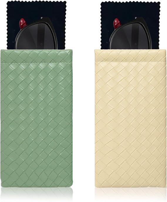 Squeeze Top Sunglass Pouch - Portable Sunglass Organizer Pouch Bags Soft PU Leather Glasses 2 Pack