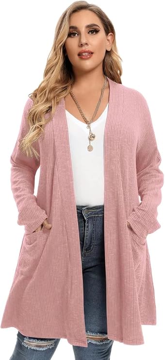 LARACE Open Front Knit Plus Size Cardigan Sweaters for Women with Pockets