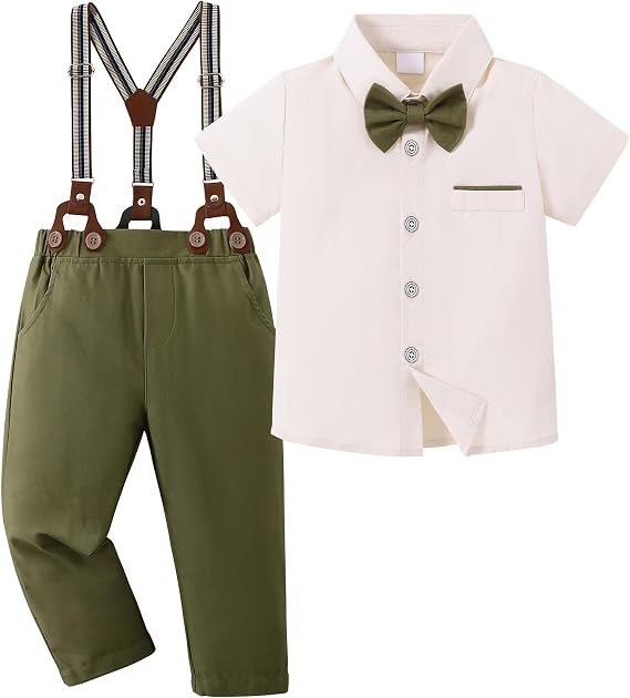 ZOEREA Boys Clothes Formal Suit Gentleman Wedding Outfit Short Sleeve Shirt with Bow Tie and Suspender Pants 2-10 Years
