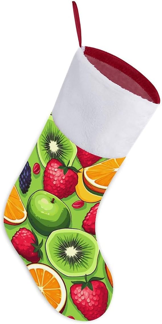 Classic Christmas Various Fruits Stockings Soft Festive Holiday Stockings with Plush Cuff & Hanging Loop Ornaments for Tree Fireplace Candy Toys Stairs Xmas Party Decorations Gifts