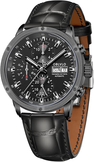 OBLVLO Top Brand Men Watch Automatic Mechanical Date Men Casual Watch Waterproof Leather Strap Watch for Men CM