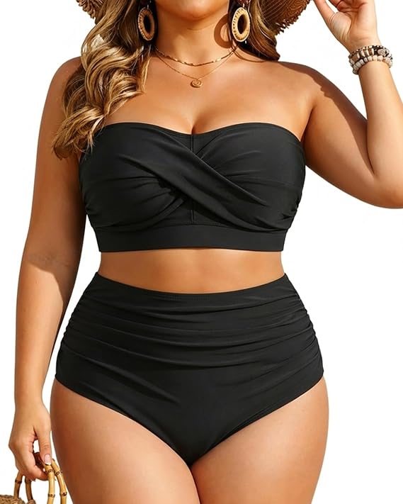 Plus Size Two Piece Bandeau High Waisted Tummy Control Bikini Swimsuit | Removable Pads, Adjustable Straps, Secure Hook Closure, Cutout Back, Full Coverage Bottom, Quick-Dry Fabric, Fully Lined