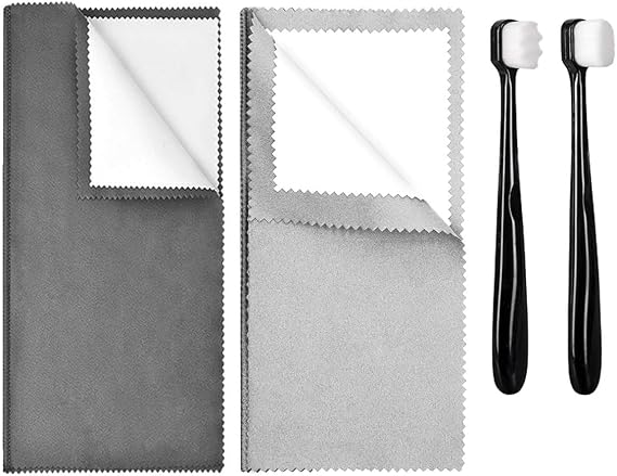 Syyflibb 2PCS Jewelry Cleaning Cloth, Silver Polishing Cloth Jewelry,2 PCS Ultra-Soft Brushes (Flat & Wave) for Cleaning Gold, Diamonds, Platinum, Gemstones, Coins (Black and Gray)