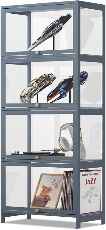 Athena Collection 4-Tier Display Cabinet with Acrylic Doors, Grey | 55" Tall Curio Cabinet for Collectibles, Moisture Resistant, Dust-Resistant, Display Case Showcase for Living Room, Bedroom