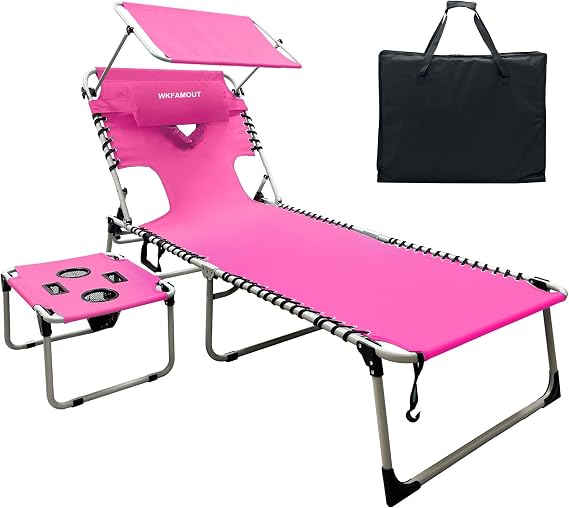 Outdoor Tanning Chair with Sun Canopy Shade & Face Hole, Folding Lounge Chair with Beach Table and Carry Bag for Poolside Sunbathing Lawn