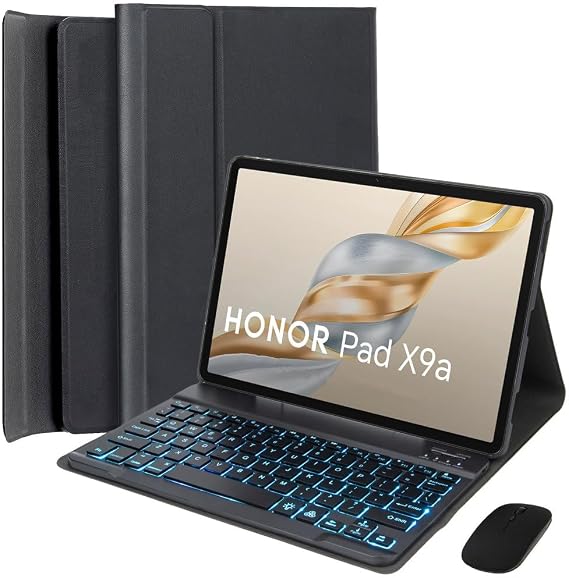 Keyboard Case for Honor Pad X9 Pro 11.5 Inch 2025 Tablet, 7 Colors Backlight, Removable Bluetooth Japanese Keyboard, Ultra Thin Cover with Mouse, Black