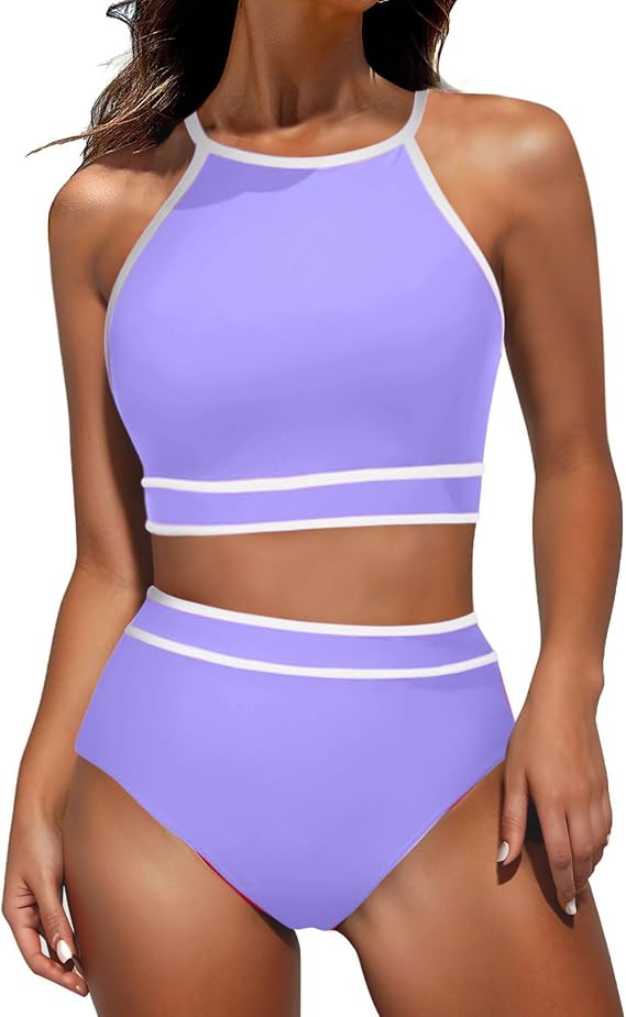 High Waisted Bikini Sets for Women Tummy Control Racerback Colorblock 2 Piece Bathing Suit Sporty Sexy Cheeky Swimwea
