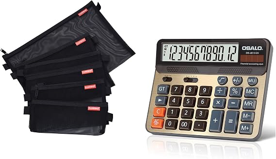 Desktop Calculator and 5pcs Mesh Zipper Pouch Bundle, 12-Digit Battery Solar Powered LCD Display Big Button Calculator, A4 A5 A6 Lightweight Nylon File Folders Document Organizer Cosmetic Bags