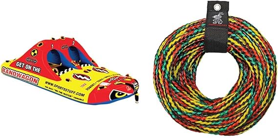 Bundle of SportsStuff Bandwagon 2+2 Towable 1 - 4 Rider Towable Tube for Boating + 1-Section Boat Tow Rope