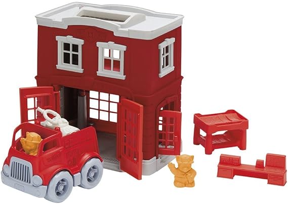Green Toys Fire Station Playset - 8 Piece Pretend Play, Motor Skills, Language & Communication Kids Role Play Toy. No BPA, phthalates, PVC. Dishwasher Safe, Recycled Plastic, Made in USA.