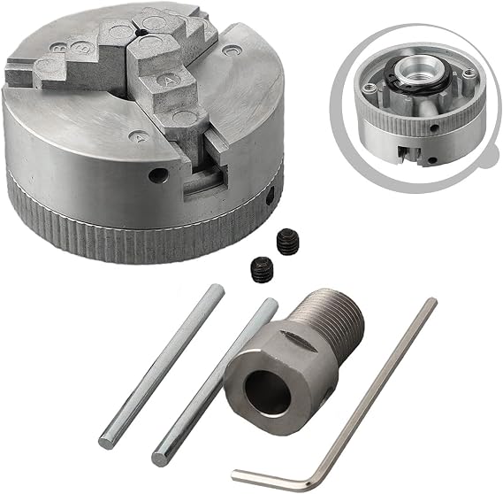 Compact 3 Jaw Chuck for Woodworking with Mounting Bolts and Connecting Rod (Chuck+8mm Rod)
