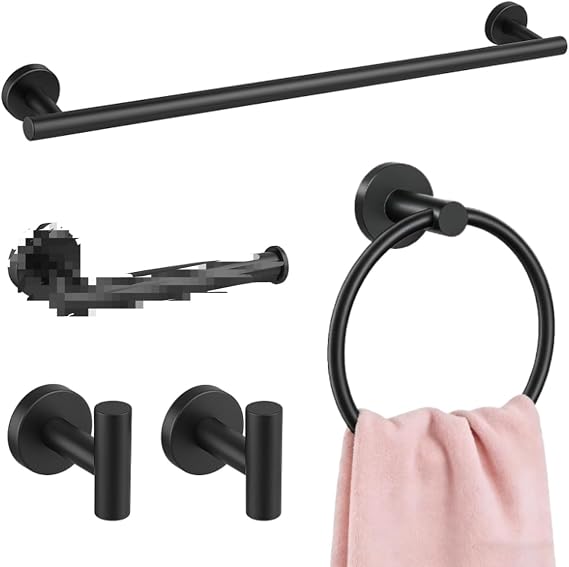 5 Pcs Matte Black Bathroom Accessories Set, Stainless Steel Wall Mounted Bathroom Hardware Set Includes Towel Rail, Toilet Paper Holder, Towel Ring and Robe Hooks, Rustproof Waterproof Easy to Install