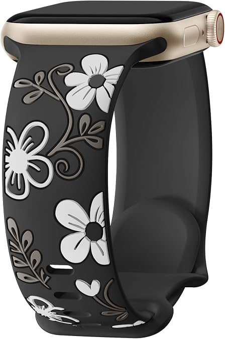 Witzon Floral Band Compatible with Apple Watch Bands For Women 40mm 41mm 38mm 42mm 44mm 45mm 46mm 49mm, Engraved Cute Flower Silicone Dressy Strap for iWatch Series 11 10 9 8 7 6 5 4 3 2 SE Ultra