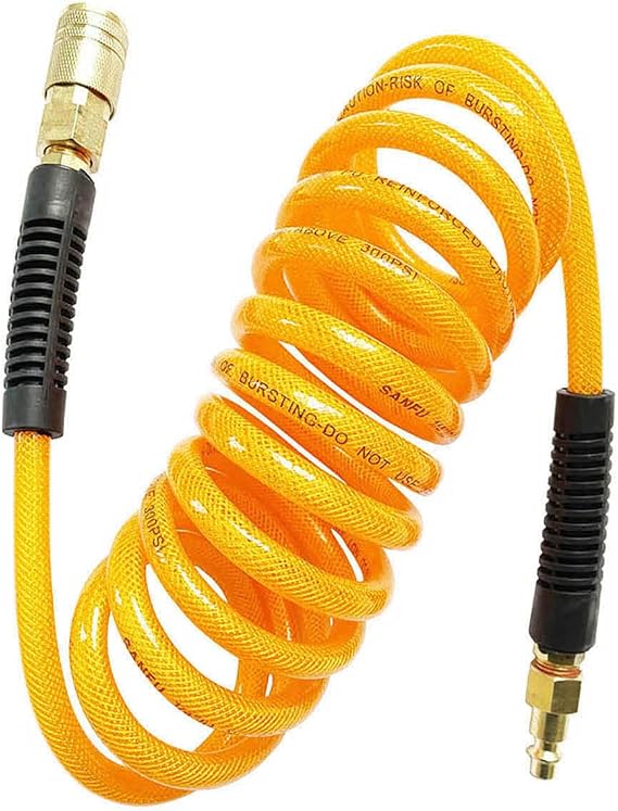 SANFU (PU) Polyurethane Reinforced Recoil 1/4ID(6.3 x 9.8mm) x 10ft, Air Hose 300PSI with 1/4-Inch Swivel Solid Brass Quick Coupler and Plug, Orange(10')