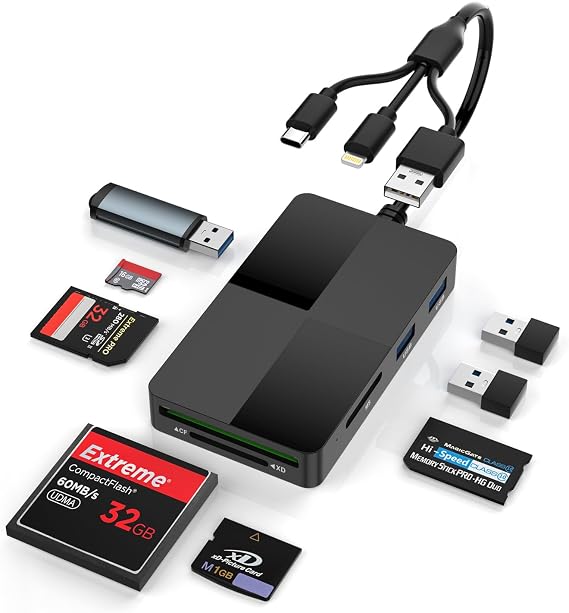 Memory Stick Pro Duo Adapter 8-in-1 Multi-Card Reader with SD/TF/MS/CF/XD Slots & 3 USB 2.0 Ports, Lightning+USB A+USB C Ports Memory Stick Pro Duo Reader for iPhone/iPad/Windows/MAC/Chrome OS