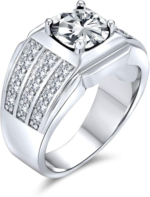 Men's 3CT CZ Solitaire Statement Ring 3 Row Pave Band Silver Plated
