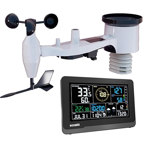 Ecowitt Wi-Fi Weather Station Array 7 in 1 Garden Wireless Solar Weather Sensor WS69 + 3 in 1 House Indoor 7.5 Inch Colour LCD Large Display Console Weather Monitoring System 868 MHz