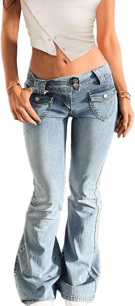 Women's Low Rise Bootcut Jeans Stretch Flare Bell Bottom Denim Pants | Low Waisted Slim Fit Flare Jeans, Double Button, Vintage Washed Denim with Pockets, Fall Fashion Wear, Petite Size XS-L