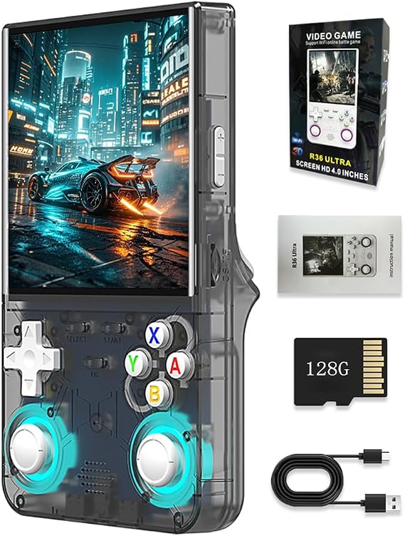 GATBGEFU New R36 Ultra Handheld Game Console, 4" IPS Screen Portable Video Game Console, Built in 64G Card & 20000 Games, Linux System Support WiFi Bluetooth