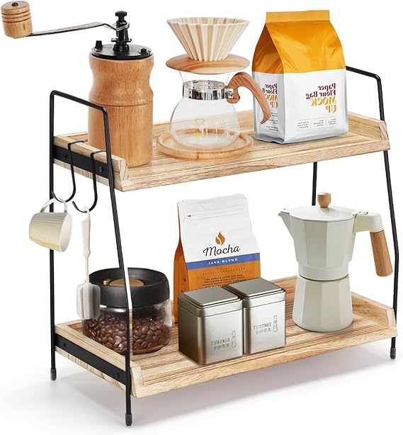 2-Tier Coffee Station Organizer for Countertop, Wooden Coffee Bar Organizer with 2 Cup Hooks, Countertop Storage for Bathroom, Kitchen, Holiday Decorations