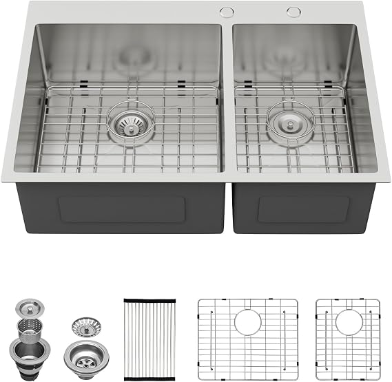 Lordear 33 Double Bowl Kitchen Sink Drop In T304 16 Gauge Stainless Steel