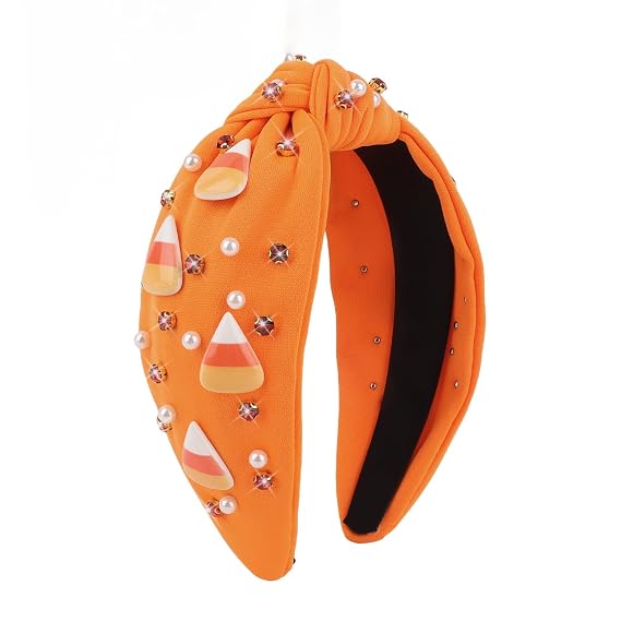 Candy Corn Headband for Women, Halloween Knotted Pearl Rhinestone Halloween Hair Accessories Gifts for Women, Orange