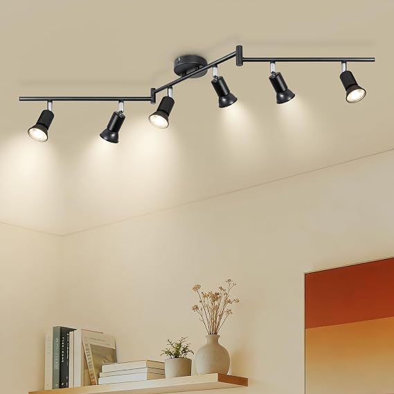 Ketom GU10 Bedroom Ceiling Lamp, LED Ceiling Light with 6 Bulbs | Modern Swivel Ceiling Spotlights, Adjustable Interior Wall Light, Ceiling Lamp for Living Room Kitchen, Black, Without Bulb