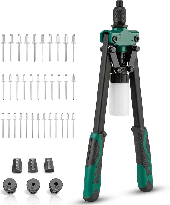 Heavy Duty Double Handle Rivet Gun, Professional Riveting Tool |  with 3 nosepieces for 1/8"3/16" rivets(3.2/4.0/4.8mm), matched with 150 rivets and durable eco storage box, green