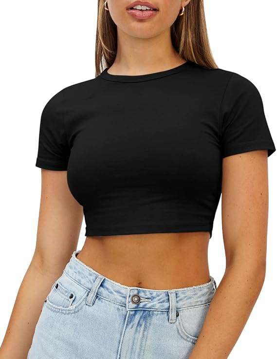 WYNNQUE Womens Crop Tops Cute Summer Crew Neck Short Sleeve T Shirts 2026