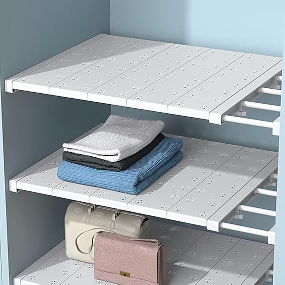 Extendable Closet Shelf, Expandable Shelves Wardrobe Storage Organiser, Adjustable Wardrobe Cupboard Divider, Tension Shelf Separator, W24cm, L38-60cm