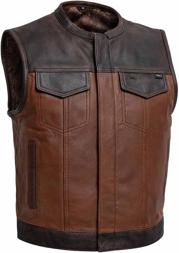 First Mfg Co Mens Motorcycle Leather Vest, Club Style Premium Leather Biker Vest, Dual Zipper & Snap Closure
