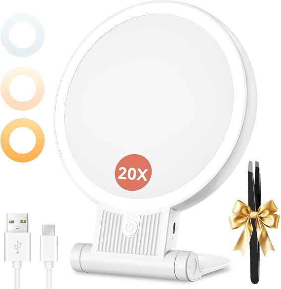 Auxmir Rechargeable 1X/20X Magnifying Makeup Mirror with Light, White