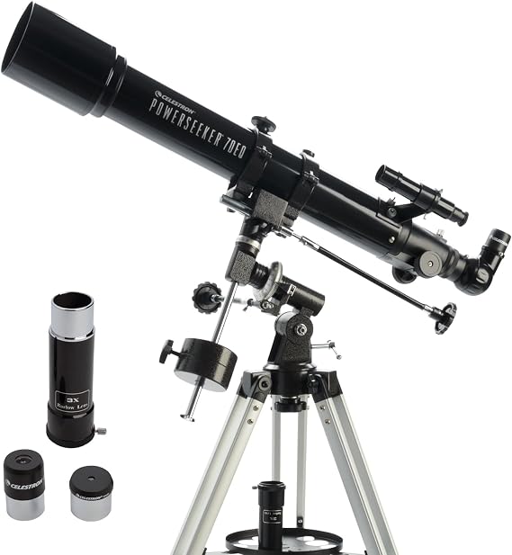 Celestron 21037 PowerSeeker 70EQ Refractor Telescope - includes Two Eyepieces, Erect Image Diagonal, 3x Barlow Lens, Height-adjustable Tripod and Deluxe Accessory Tray, Black