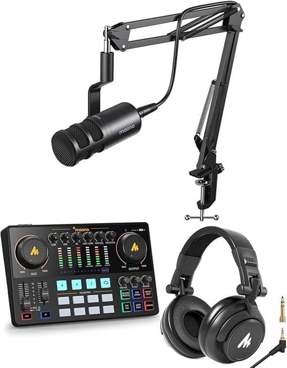 PD100S XLR Dynamic Microphone with AME2 Audio Interface and AU-MH601 Studio Headphones for Podcast,Content Creation,Vocal Recording