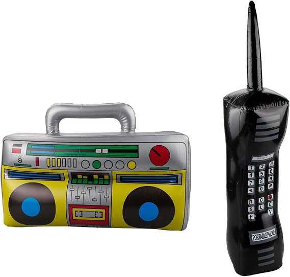 Inflatable Boom Box & Mobile Phone Set, Retro 80s 90s Fancy Dress Party Accessories, Lightweight Party Decorations, Large Blow-Up Props for Costume Events