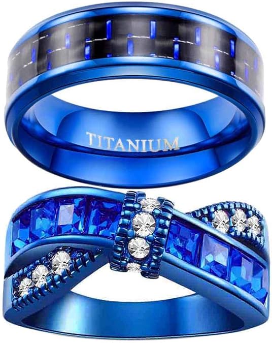 His and Her Rings Couple Rings Blue Cz Womens Wedding Ring Titanium Steel Man Wedding Bands