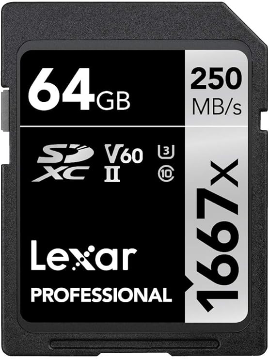 Lexar Professional 1667x SD Card 64GB, SDXC UHS-II Memory Card, Reading up to 250 MB/s, Writing up to 120 MB/s, Professional Photographer for Class 10, U3, V60, SD, Videographer (LSD64GCB1667)