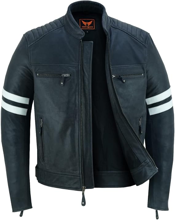 A&H Apparel Mens Top Grain Cowhide Biker Light weight Motorcycle Real Leather Jacket