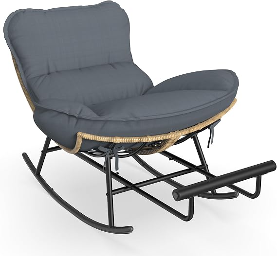 ZENPETIO Outdoor Rocking Chair - Oversized Metal Frame Papasan Rocking Chair with All Weather PE Wicker Rattan Rocker and Footrest for Patio, Balcony, Porch, Lawn and Living Room - Grey