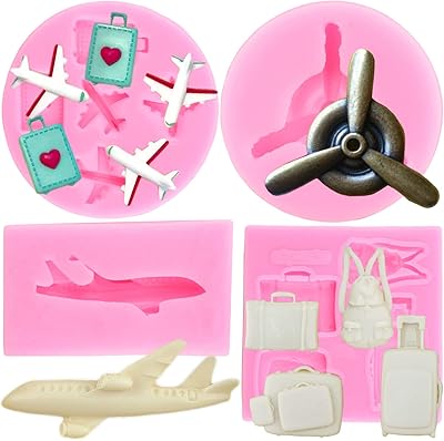 ZiXiang Airplane Silicone Mold Airplane Propeller Fondant Molds For Travel Luggage Bag Chocolate Cupcake Cake Decoration Candy Gum Paste Set Of 4