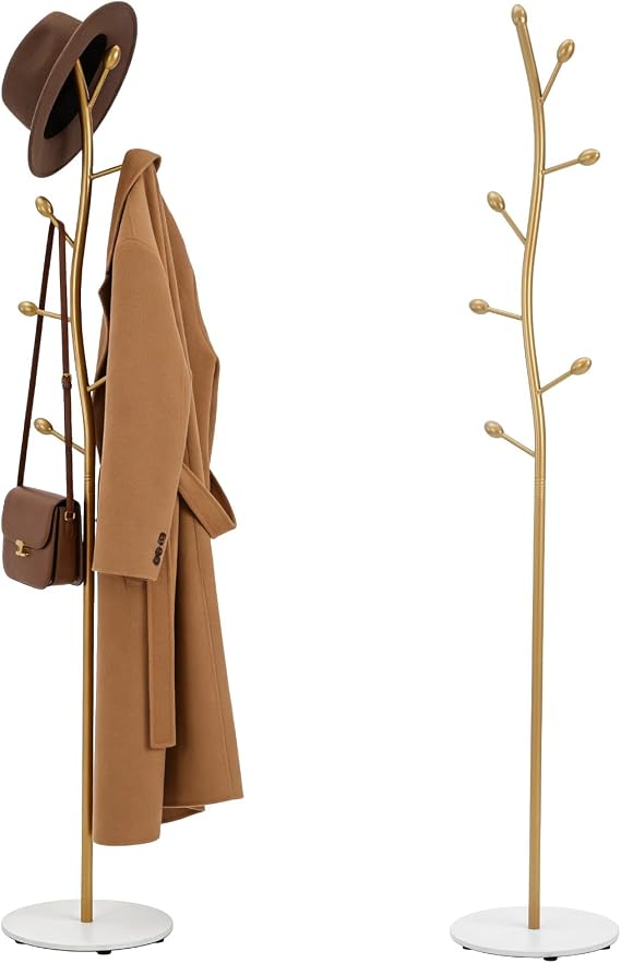 Gold Tree Coat Rack with Marble Base, Freestanding Floor Standing Coat Tree with Multiple Hooks, Modern Metal Clothes Stand for Entryway, Bedroom, Living Room Decor and Organization