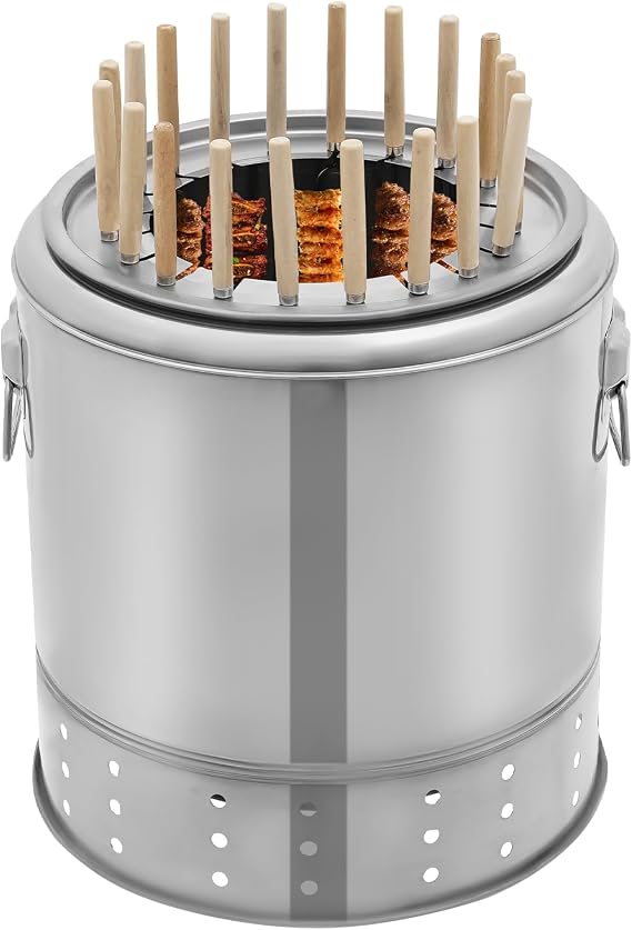 Smokeless Barbecue Surround Charcoal Grill, Stainless Steel Hanging Grill, Portable Smokeless Barrel Shape Grill with 20 Skewers, 13in(D) 15in(H)