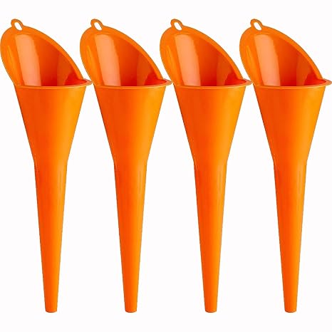 Multi-Function Plastic Long Neck Oil Funnel - for All Automotive Oils Lubricants Engine Oils Water Diesel Fuel Kerosene and Other Liquids (4 Orange)