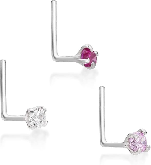 22 Gauge L-Shape Nose Stud Set for Women - 14k White or Yellow Gold 2mm White, Pink, and Red Cubic Zirconia Nose Ring Set - Unisex Hypoallergenic Piercing - 22G Body Piercing