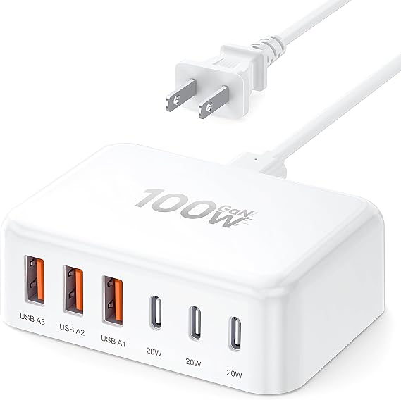 USB Fast Charger Block 50% Smaller 100W Max 6-Port GaN USB Charging Station