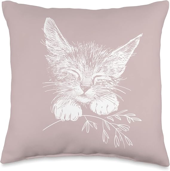 Sleeping Kitten with little twig, Cat Throw Pillow