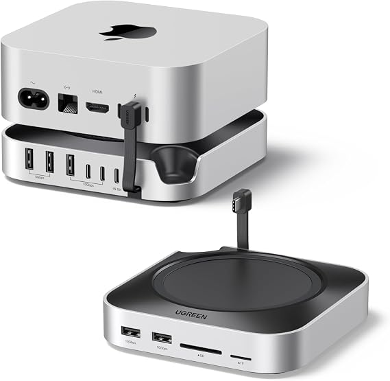 UGREEN NVMe SSD Muhafaza ile Mac mini M4 Dock & Standı, 3 USB A 10 Gbps, USB C Veri Bağlantı Noktası, Mac mini M4/M4 Pro için SD Kart Okuyucu