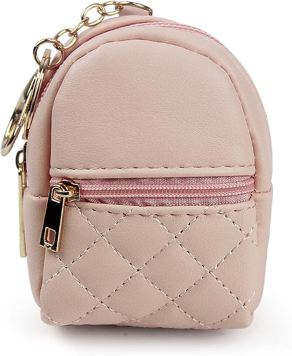 AfitLulu Coin Purse Mini Backpack Shape Coin Wallet with Keychain and 2-Layer Zipper Pocket, Small Coin Purse PU Leather Small Ladies Purse Mini Storage Bag for Storage Coin Key Lipstick (Pink)